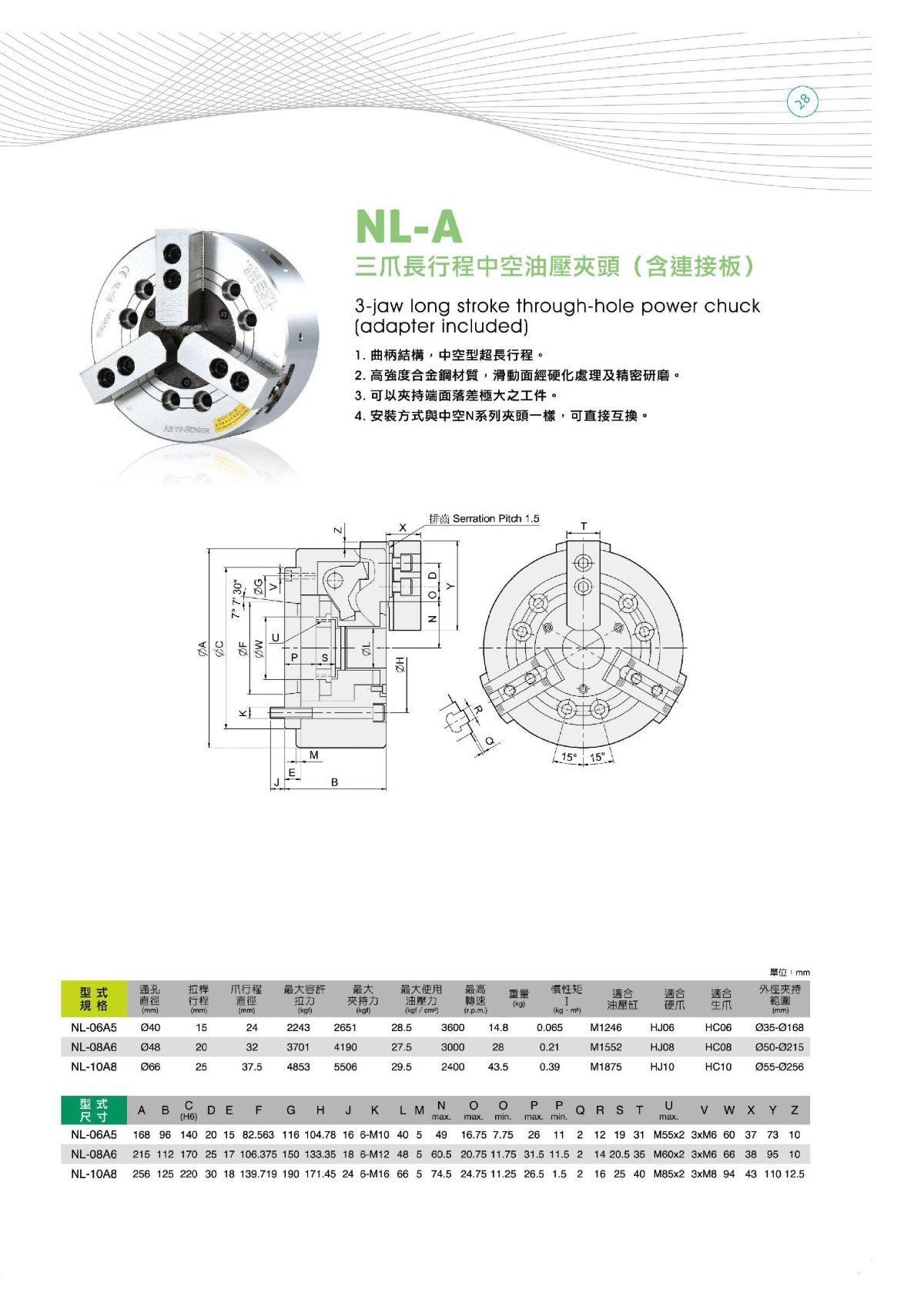 億川三爪長行程中空液壓卡盤參數(shù)表
